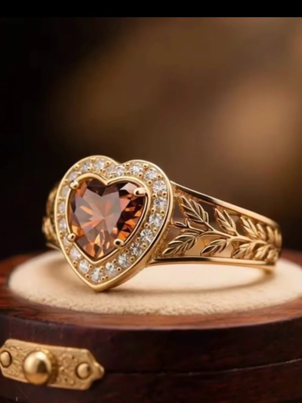 Gold Heart Ring with Brown Center Stone and Clear Accent Stones